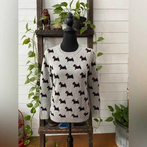 Charter Club: Gray Knit Crew Neck Sweatshirt Western Terrier Dogs with Red Bows - Picture 3 of 17